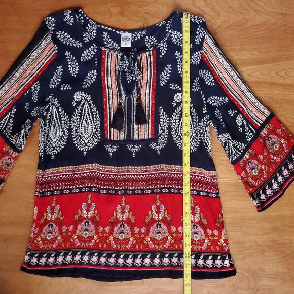 BILA Tunic Top Womens M Blue Red Floral Boho Peasant 3/4 Sleeve Tassel Paisley - Picture 13 of 14